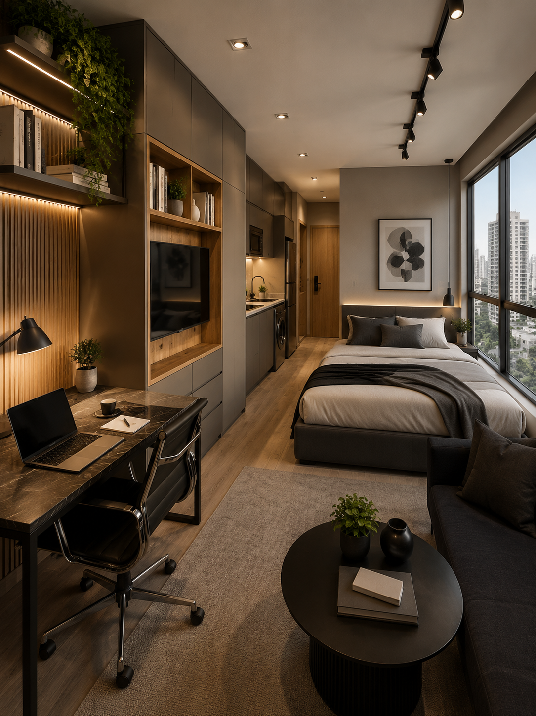 Studio compacto com móveis planejados para investidor em São Paulo, otimizado para locação